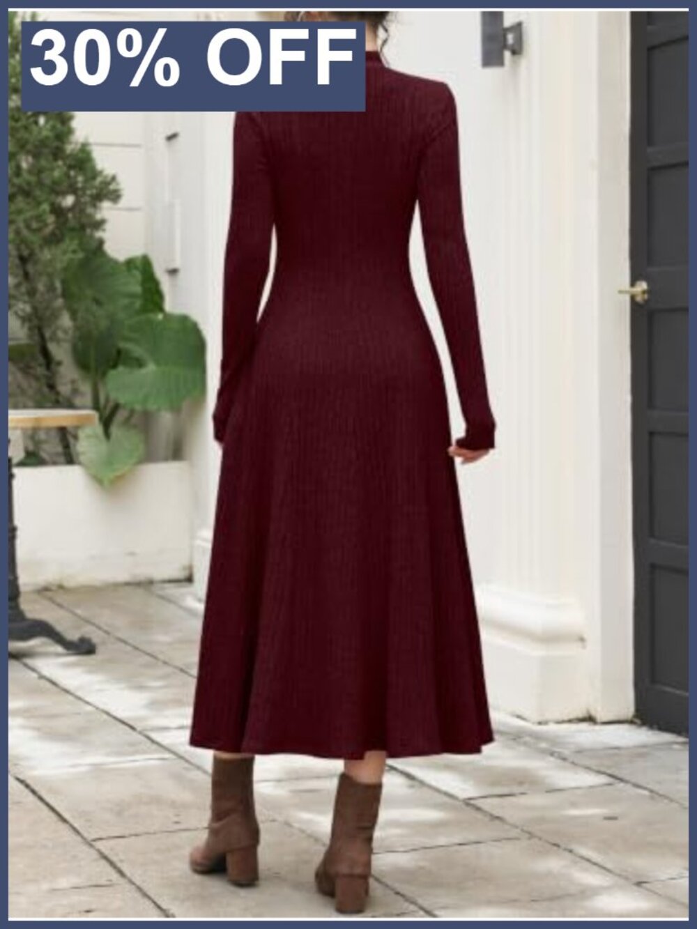 Ribbed Knit Mock Neck Long Sleeve Midi Dress - Picture 4 of 6